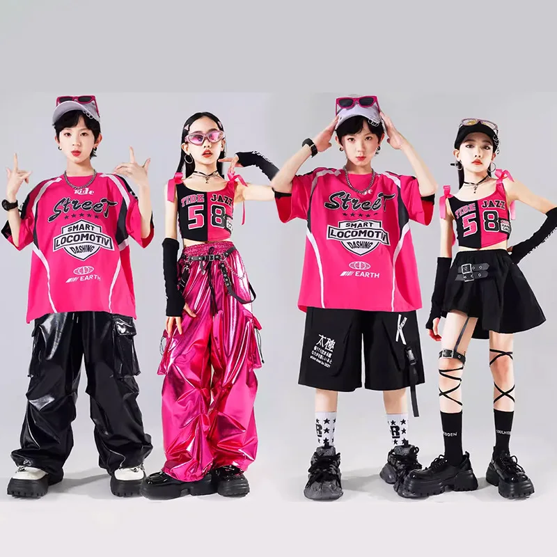 

Girls Street Dance Clothes Sets Hip Hop Crop Top Shiny Pu Leather Cargo Pants Boys T-shirt Street Dance Shorts Kid K-pop Costume
