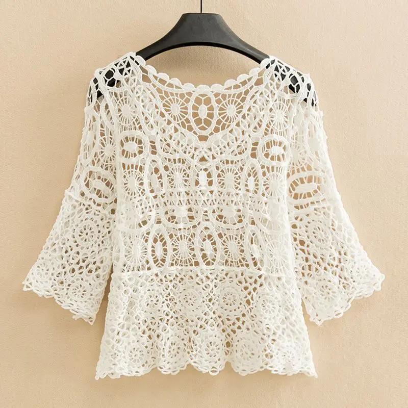 Summer Knitted Cardigan Women Hollow Out Cardigans Female Crochet Top Lace Blouse Short Sleeve Oversized Knitted Sweater Q261