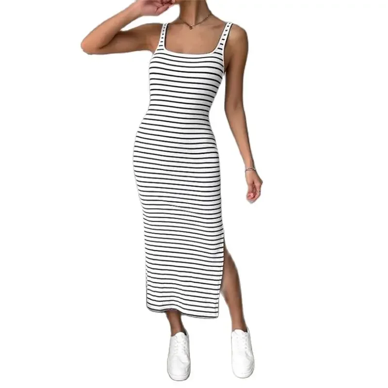 

Elegant Striped Print Slim Suspenders Dresses Women Daily Comfortable Casual Commuter Dress Female Backless Side Split Hem Gown