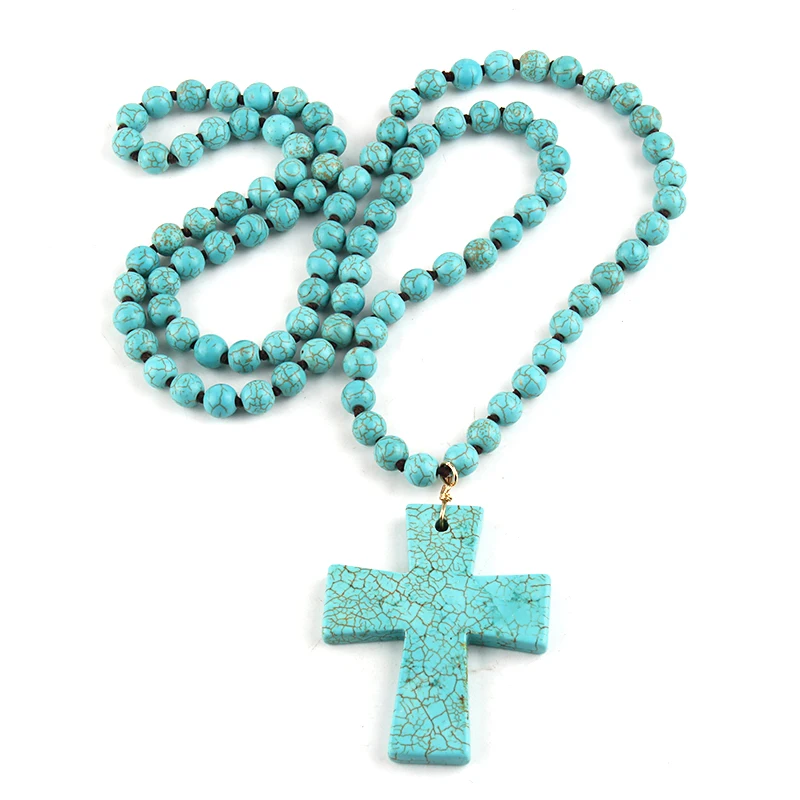 Fashion Natural Semi Precious Blue Empire Stone with cross charm Drop Pendant Handmade Necklace Women Jewelry