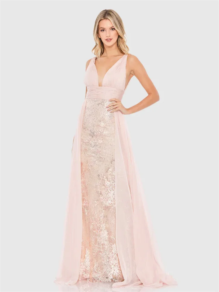 Customized Exquisite Lace Embroidered Party Evening Dress Sleeveless V-neck Skirt Lace Embroidered Chiffon Silhouette Dress