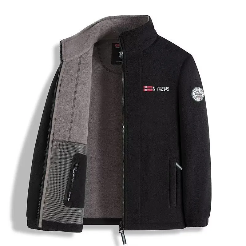 سترة صوف سميكة على الوجهين للرجال ملابس غير رسمية للخريف والشتاء من ألياف البوليستر بسحاب للإغلاق معطف طويل الأكمام للشباب #3