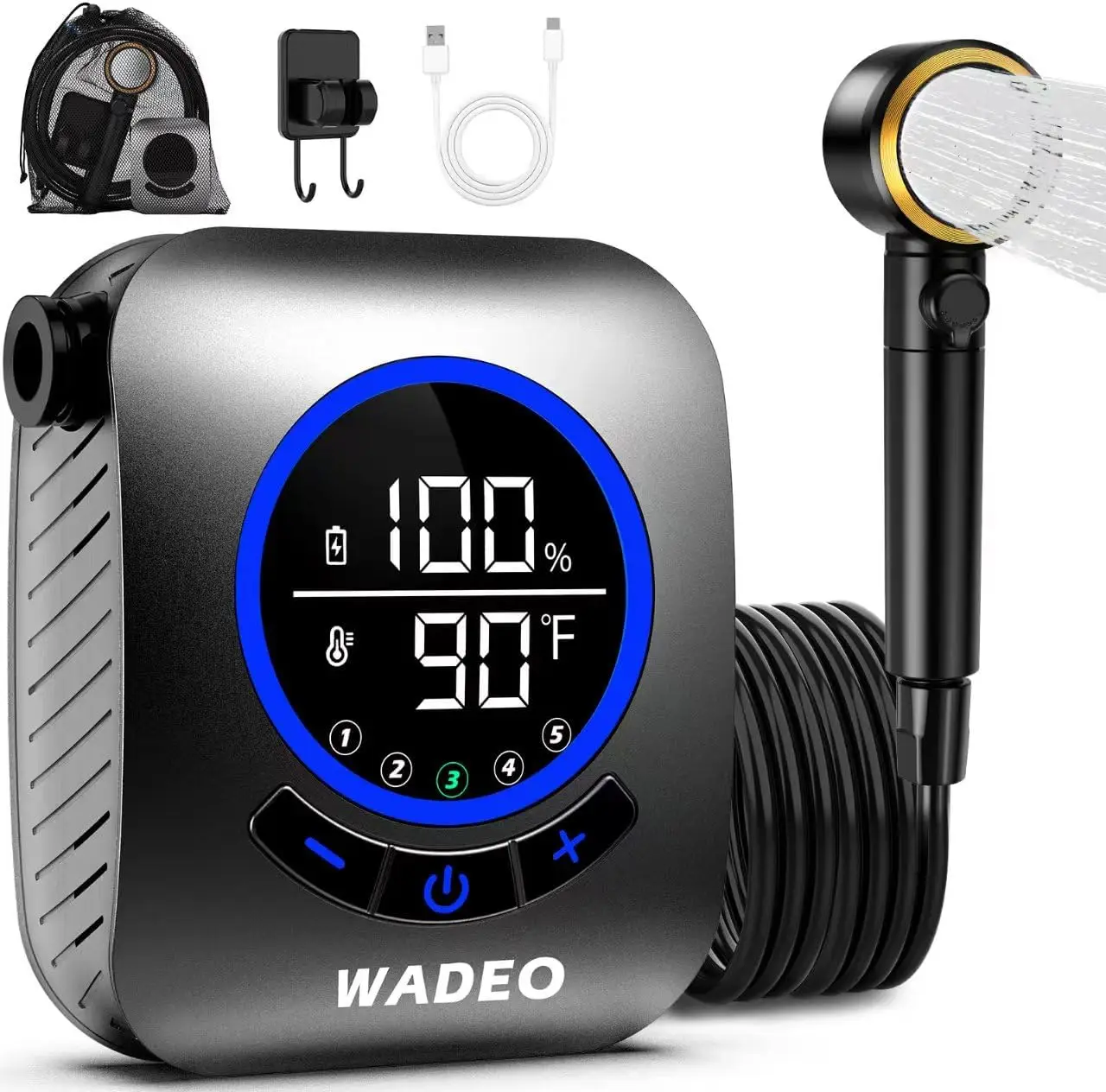 

STLF DZ WJW Advanced WADEO Portable Shower, 8000mAh Rechargeable Camping Shower Pump with Fahrenheit Display, 5 Spray Modes, IPX