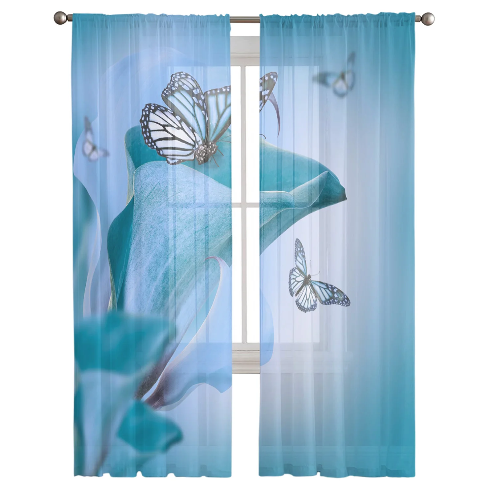 Butterfly Flower Blue Plant Sheer Curtain for Living Room Hall Wall Dress Up  Home Window Supplies Pop Print Tulle Curtains