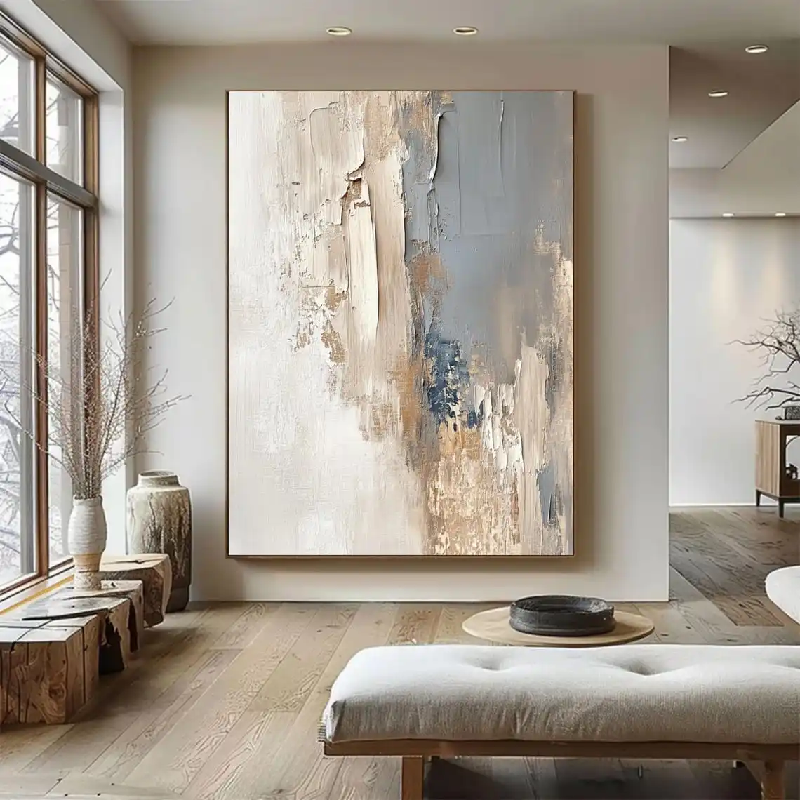 

Original Large Beige Blue Abstract Handmade Canvas Painting Gray Minimalist Art White Wall Art Textured Painting Home Decoration
