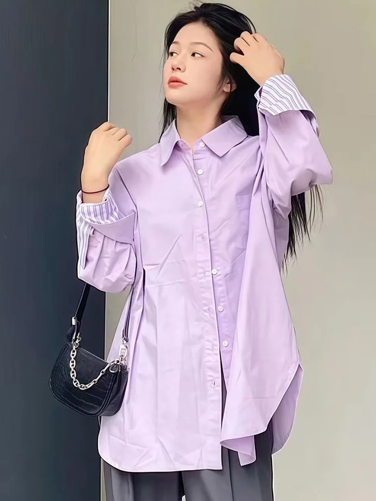 Elegante camisa roxa feminina manga longa vintage doce blusa coreano casual listrado retalhos feminino todos os jogos primavera outono topos
