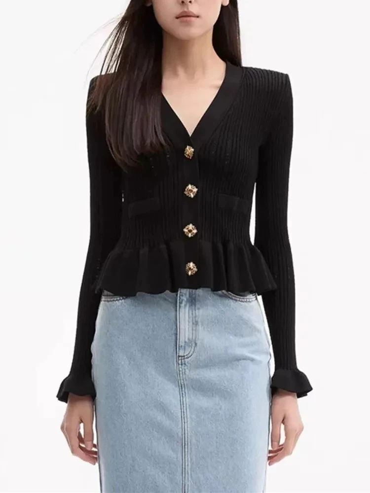 Women Black Shoulder Pad Ruffles Knit Cardigan Gold Buckle V-Neck Slim Fit 2024 Early Autumn Ladies Long Sleeve Knitwear Tops