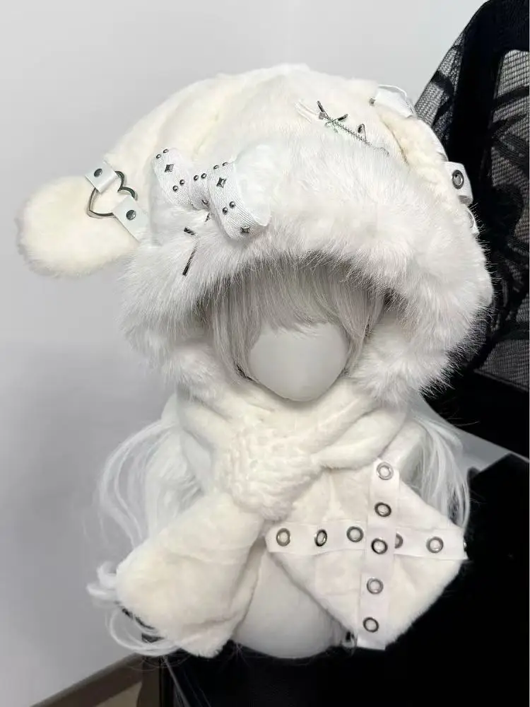 여성 일본 하라주쿠 Y2K 소녀 모자 고딕 토끼 귀 겨울 따뜻한 니트 플러피 본 모자 따뜻하게 유지하는 스카프 비니 모자