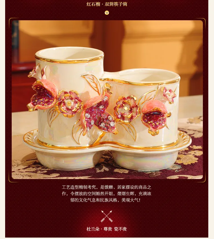 Compartment Embossed Ceramic Cutlery Holder Gold Trim Pomegranate Decor With Drain Tray Kitchen Counter Chopstick Storage Rack