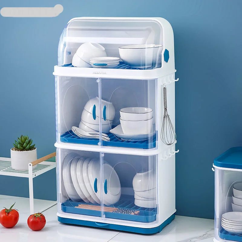 

Dish Storage Rack Three-Tier Plastic Tableware Organizer With Lid Drain Storage Box Insect-proof Cupboard