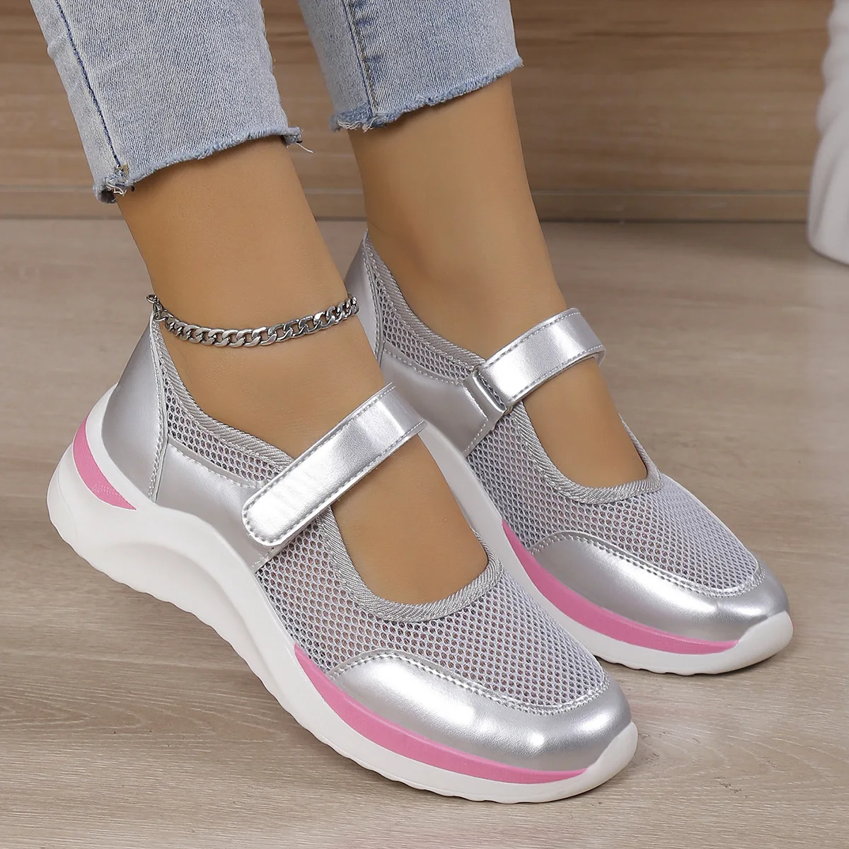 

Fashion Sequined Women Vulcanized Sneakers Mesh Casual Wedge Velcro Thick Bottom Woman Single Shoes Sports Hiking Running Shoes