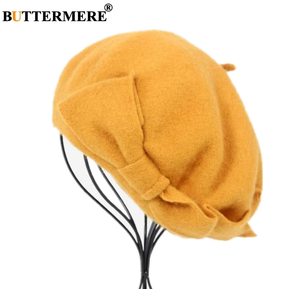 BUTTERMERE Wool French Beret For Women Green Elegant Painters Hats Ladies Solid Bowknot Female Beret Autumn Winter Artist Cap