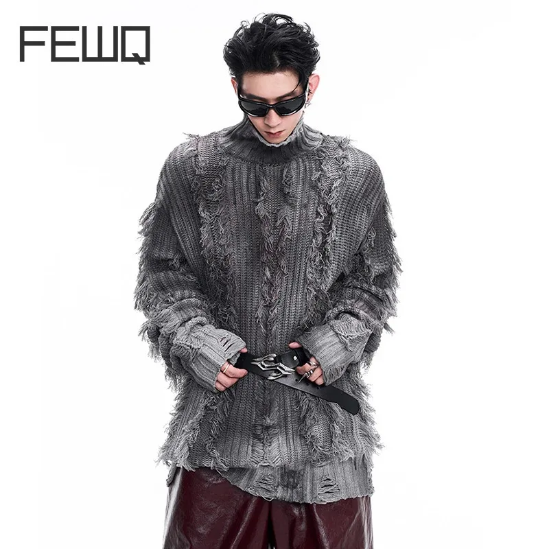 FEWQ Men\'s Niche High Neck Knitted Sweater Tassel Ripped Hole Spray Painted Design 2024 Winter New Male Fashion Costume 24E5160