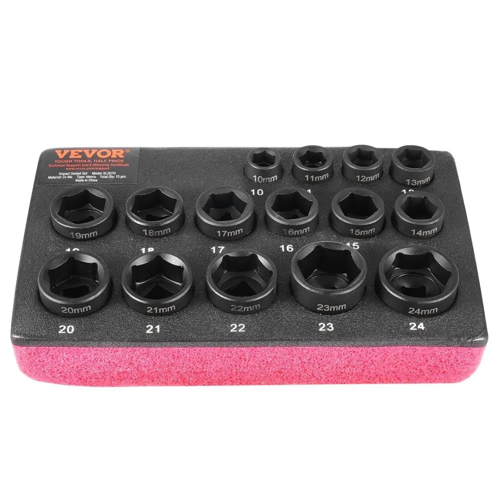 

Impact Sockets Set 15pcs 6-Point 3/8" Drive Bit Ratchet Tool Kit Case