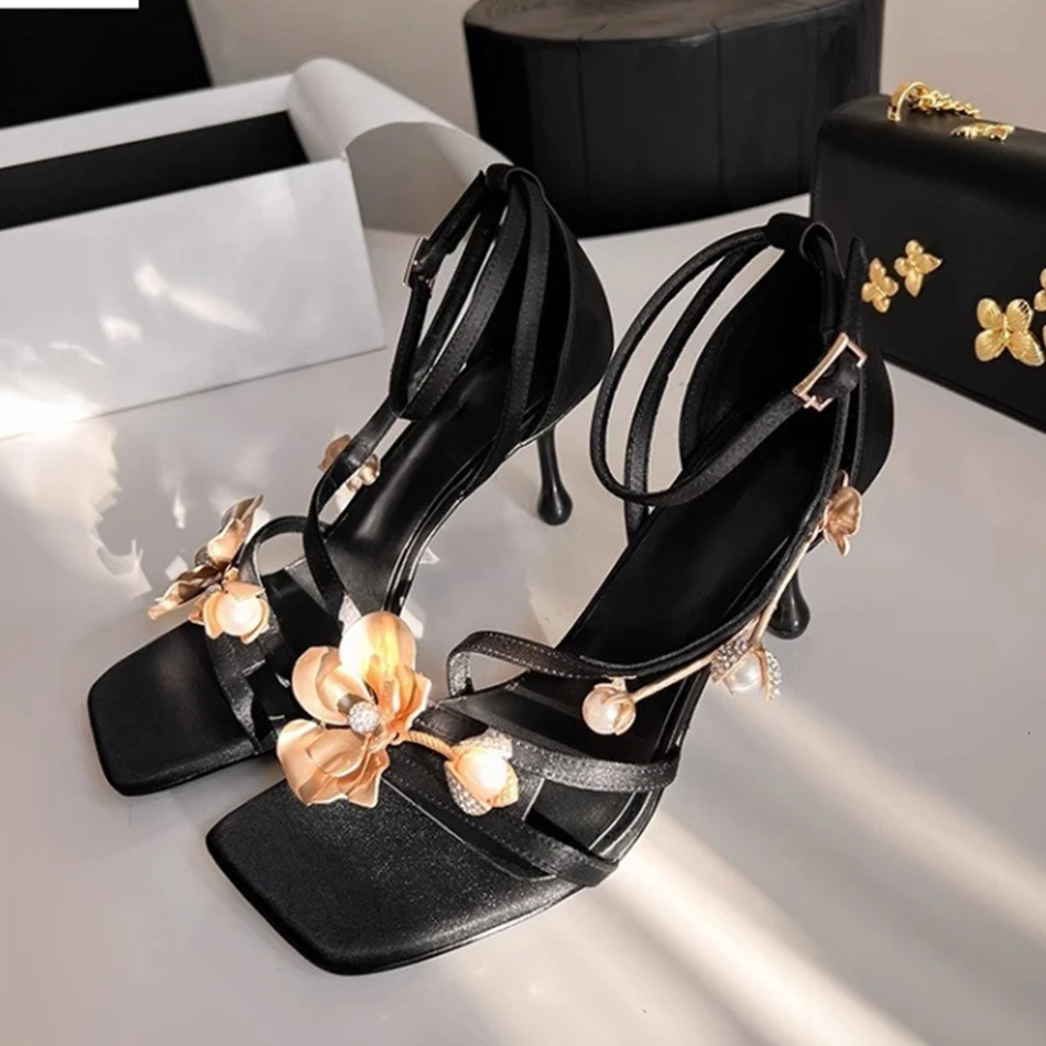 

Black rhinestone lace-up high heels for women, 2025 new French summer one-strap thin heel sandals for women