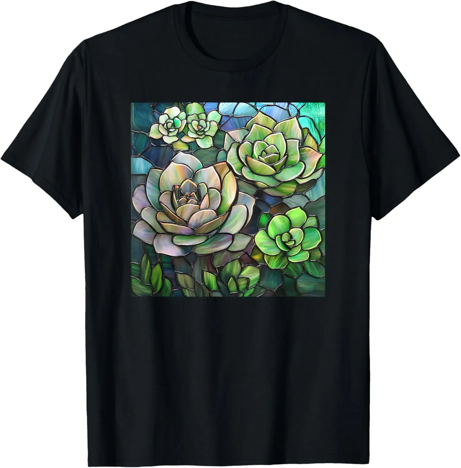 Succulent Plant Stained Glass Pattern Print T-Shirt