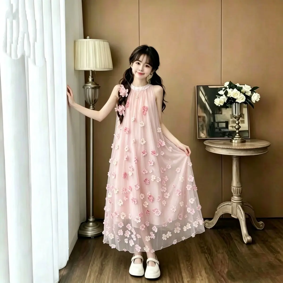 Kids Girls Fashion Elegant Floral Tulle Dress, Halter Neck Sleeveless with 3D Flower Appliques, Flowy Maxi Sundress for Girls