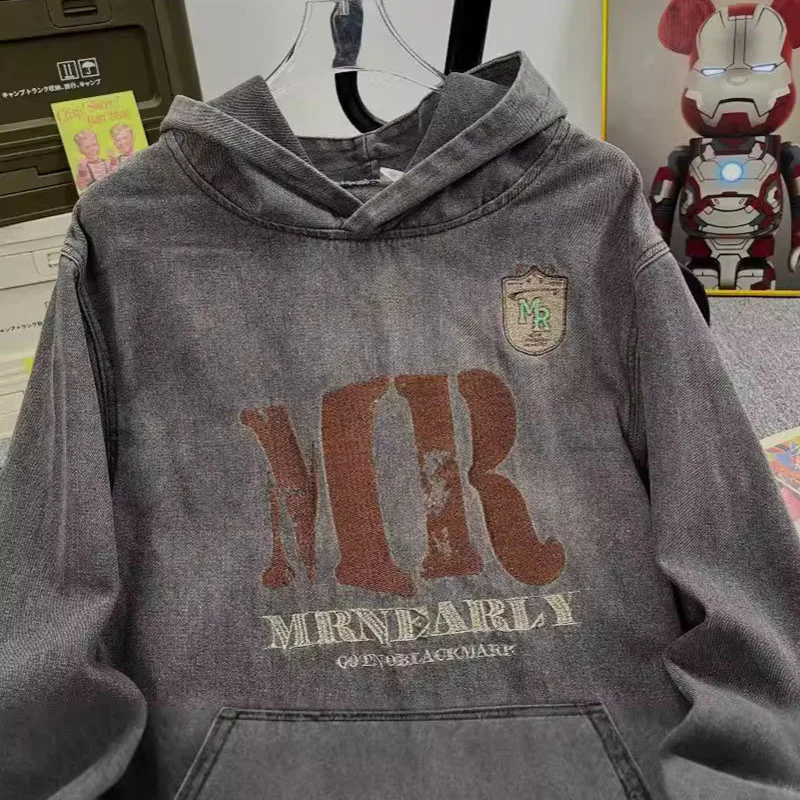 Brief Stickerei Denim Hoodie Für Männer Amerikanische Mode Lose Mit Kapuze Tops Herbst Casual High Street Retro Oversize Sweatshirt