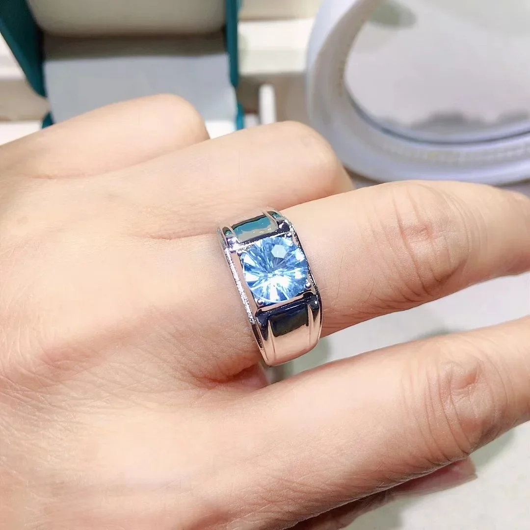 Cincin Pria Topas Biru Terang 2ct Cincin Topas Alami 8Mm * 8Mm untuk Pria Perhiasan Topas Perak 925 untuk Pakaian Sehari-hari