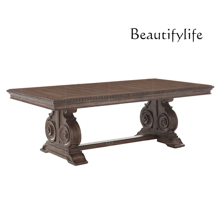 French Country Retro Furniture Simple Rectangular Dining Table Oak Wood Carved Dining Tables and Chairs Set