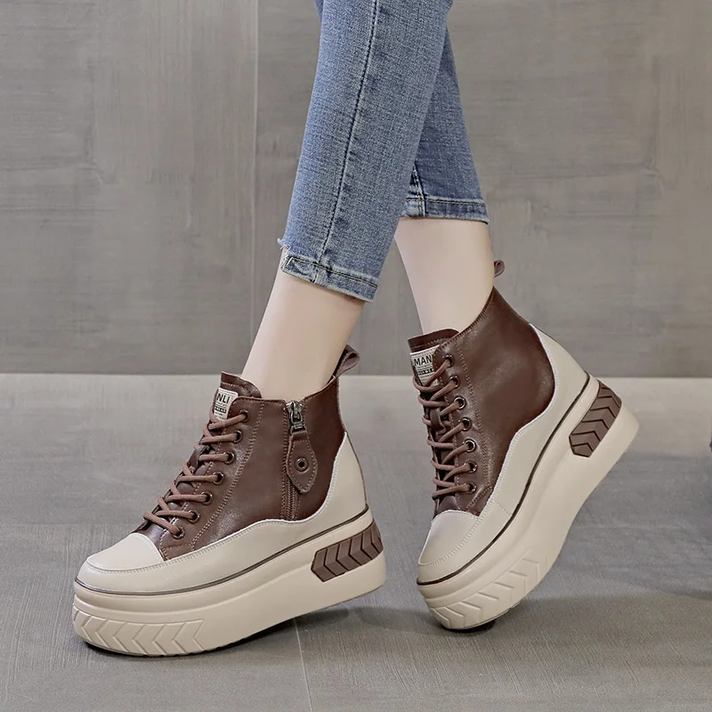 High Top Women Shoes Genuine leather 8cm Platform Boots Wedge Hidden Heel Zip Spring NEW Autumn Warm Fur Winter Shoes Sneakers