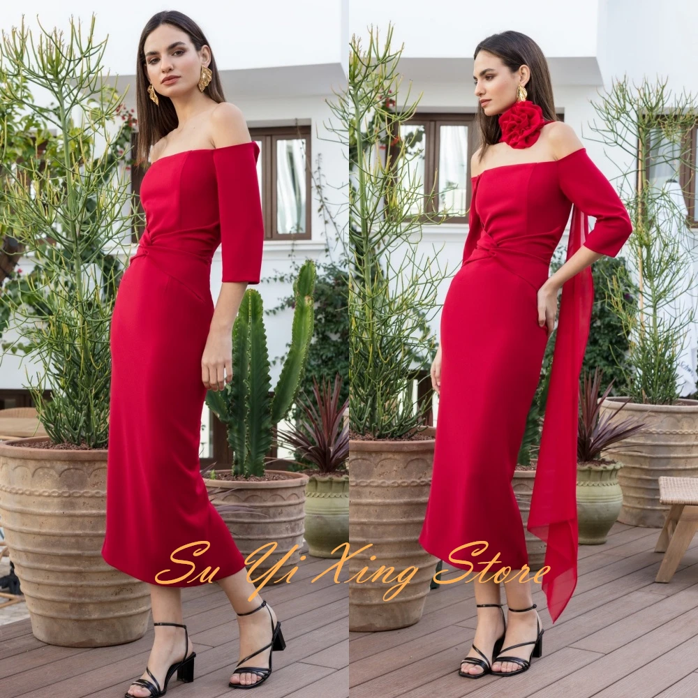 Customized  Graceful Off the ShouldSleeveless Evening Dress Delicate Flowers Ribbons Party Dress Classic Half Sleeves P