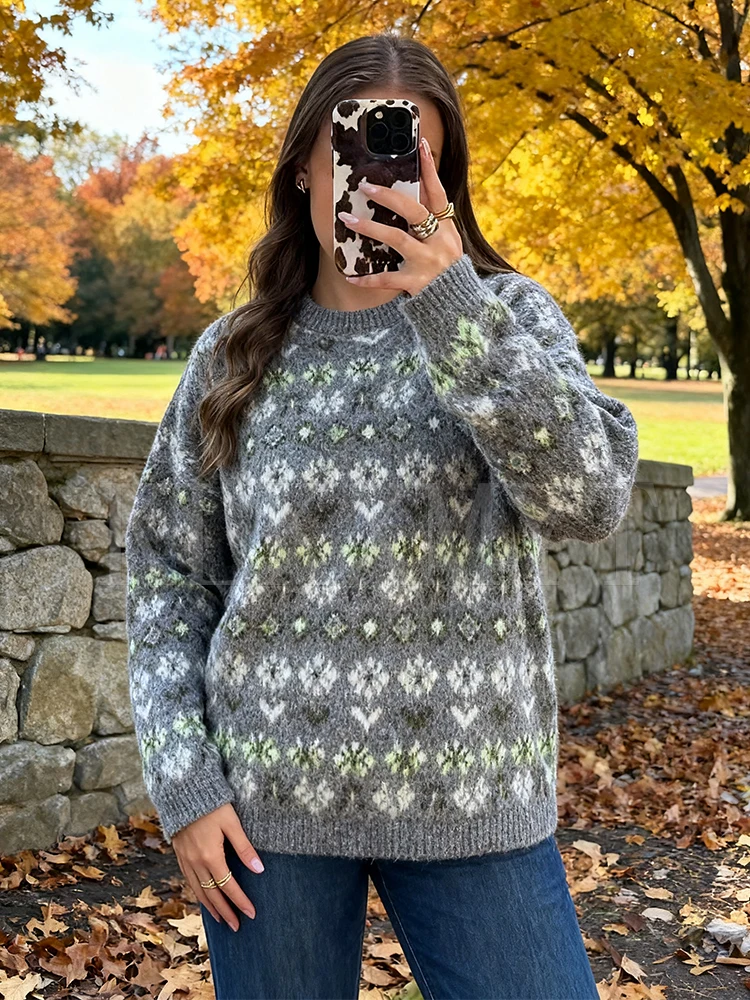 

Женский мягкий вязаный пуловер, женский модный винтажный жаккардовый свитер с длинными рукавами, новинка 2025 года, повседневный свободный трикотаж, топы ﻿ ﻿