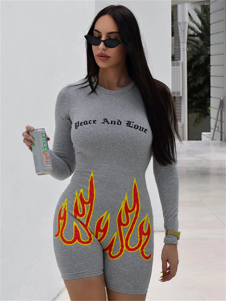 

Akaily Autumn Sexy Gray Letter Graphic Print Rompers Casual Party For Women 2023 Long Sleeve Fashion Street Bodycon Rompers