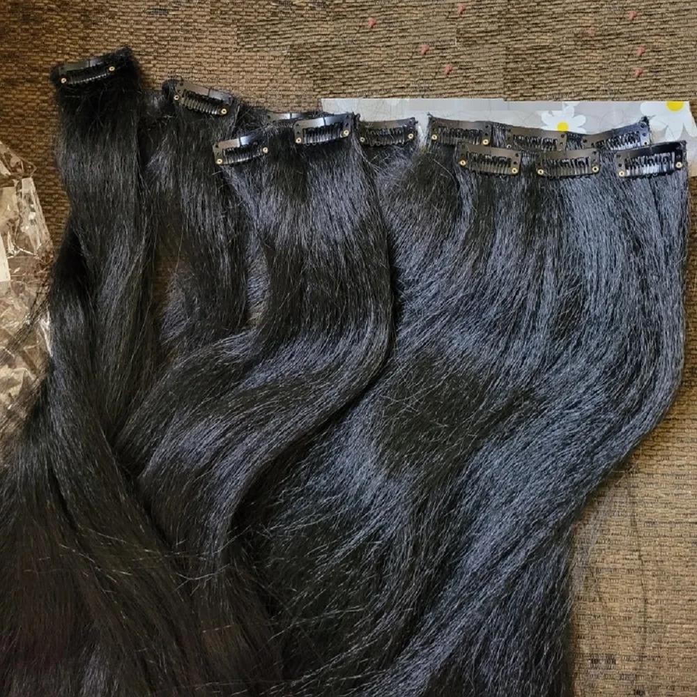 클립인 헤어 익스텐션 인모 곱슬 스트레이트 내추럴 블랙 레미 인모 클립인 헤어 익스텐션 심리스 100g 8피스