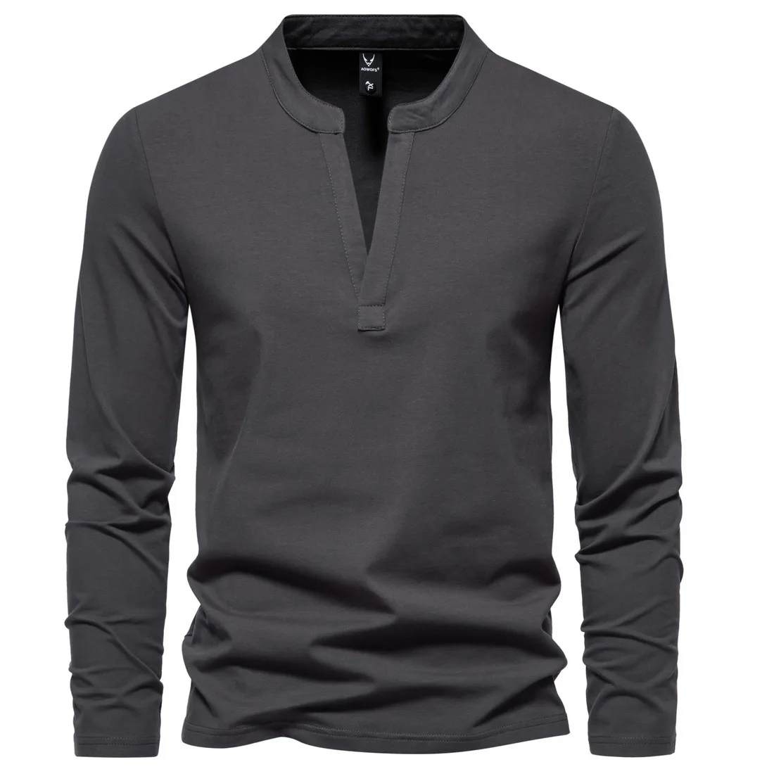 

Fashion Men's Long Sleeve Shirts Solid Color Autumn Henley Collar Casual Cotton V- Neck Mens T Shirts