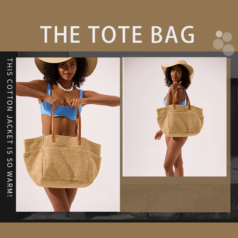 

Double Pocket Raffia Straw Tote Bag,Large Capacity Women Woven Shoulder Bag,Boho Summer Beach Braided Handbag Shopper Satchel