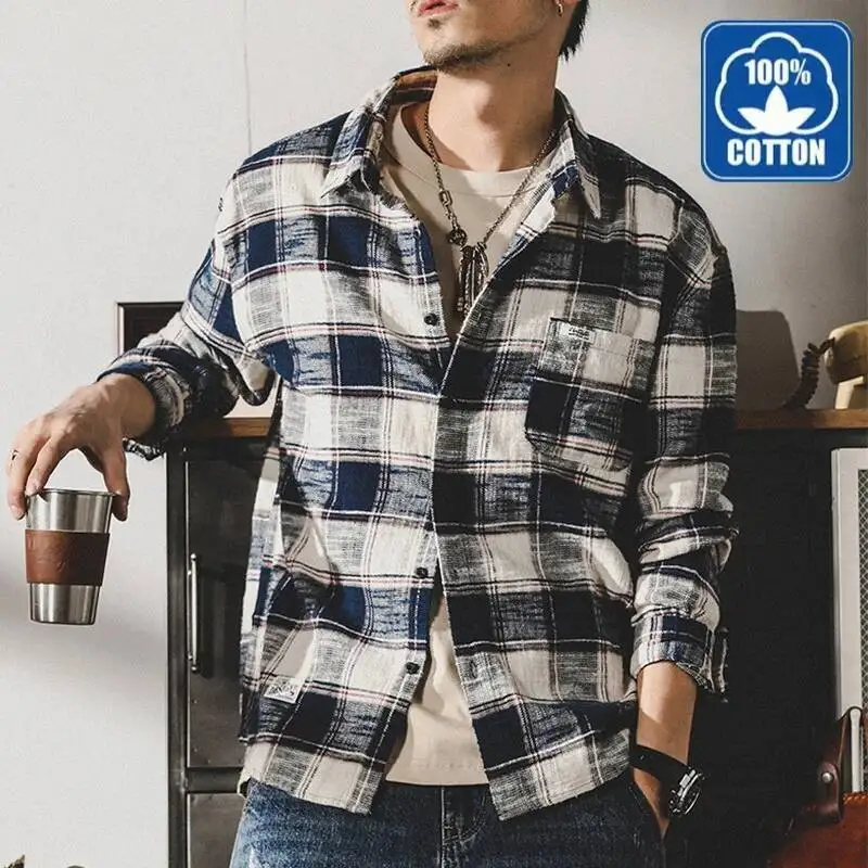 Spring Men's Cotton Casual Long Sleeve Plaid Shirts Vintage Washed Checked Button Down Dress Shirt Camisas De Hombre