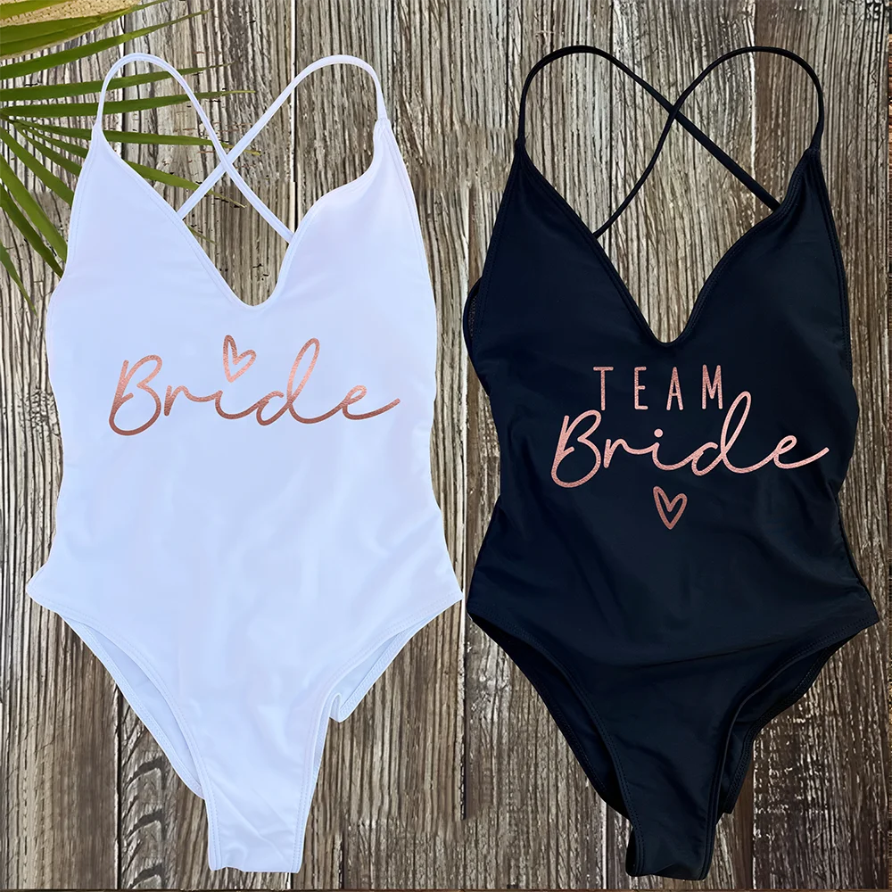 

Rose Gold Print Team Bride One-Piece Swimsuit Squad Women Swimwear Sexy Padded Bachelorette Party Bathing Suit Summer Beachwear