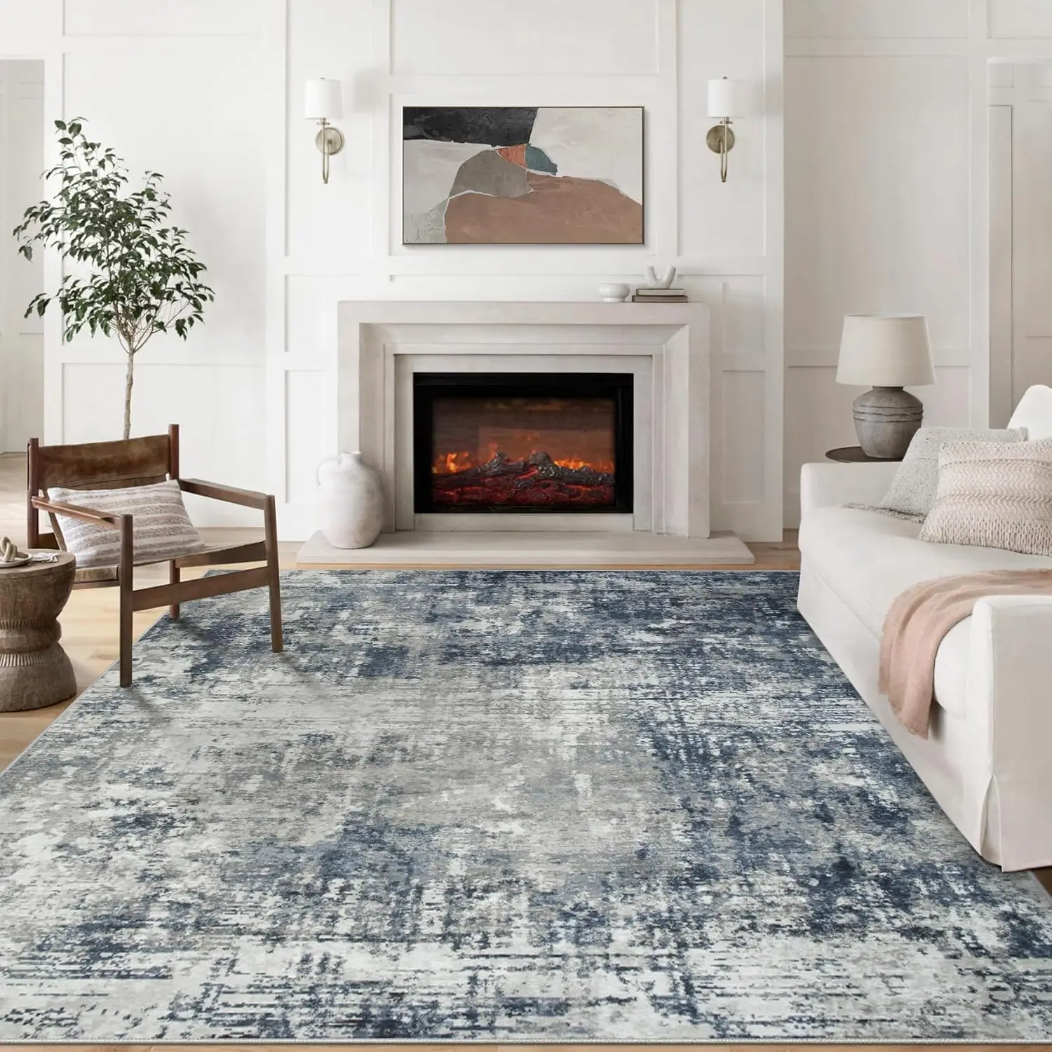 

8x10 Washable Area Rug for Living Room, Non-Slip Large Carpet, Modern Abstract Design, Blue Grey