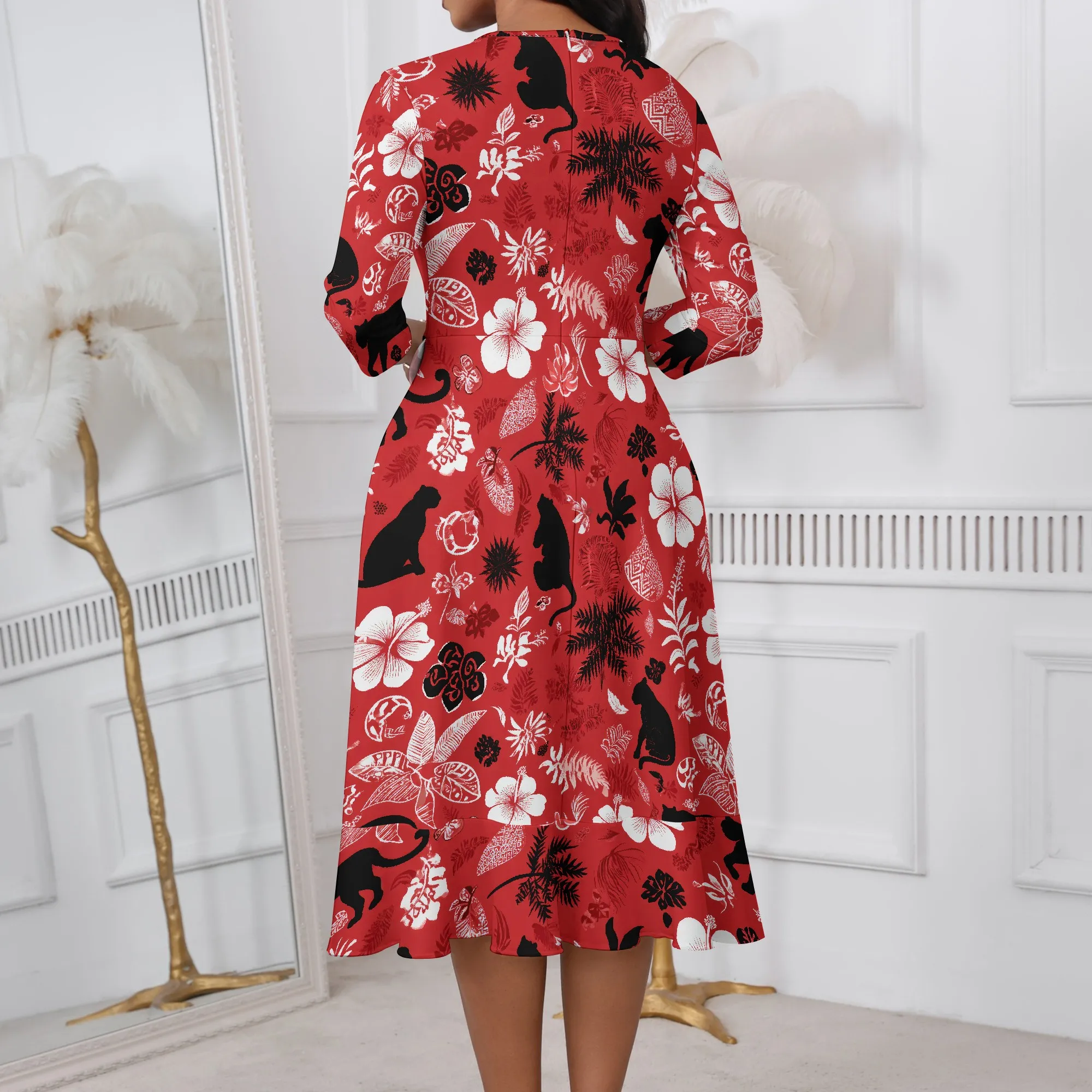ผู้หญิงชุดลําลอง 3/4 Sleeve Floral พิมพ์ Sundress Club Party ชุด Plus ขนาดเซ็กซี่ชุด Midi พร้อมกระเป๋า