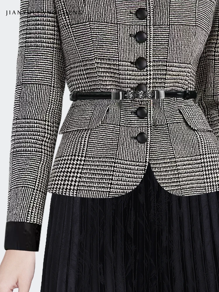 Women Vintage Grey Plaid JACKET With Belt 2023 Autumn Winter New Elegant Slimming Female Short Coat Working Casual Blazer