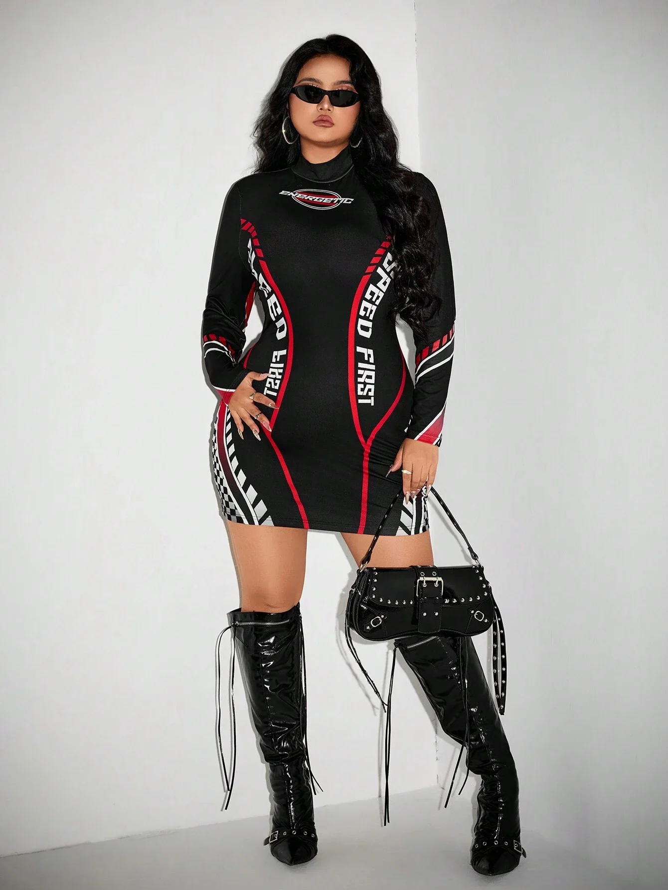 

Plus Size Women's Long Sleeve Racing-Themed Bodycon Dress With Speed First Graphic And Checkered Pattern
