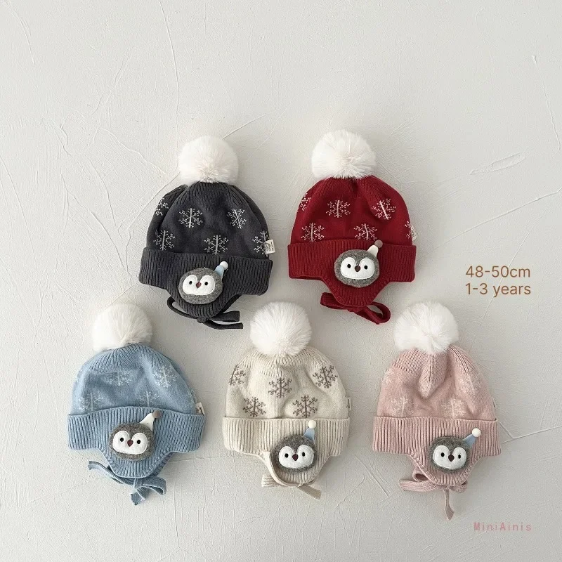Kids Hat 48-50cm 1-3 Years Snowflake Kids Winter Warm Knitted Hats Baby Toddler Beanie Penguin Earflap Windproof Cold Proof Cap