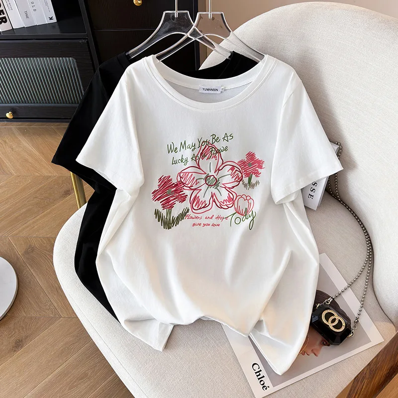 

170Kg Plus Size Women's Bust 170 Summer Loose Print Flower T-Shirt Short Sleeved Neck Top Black White 6XL 7XL 8XL 9XL 10XL 11XL