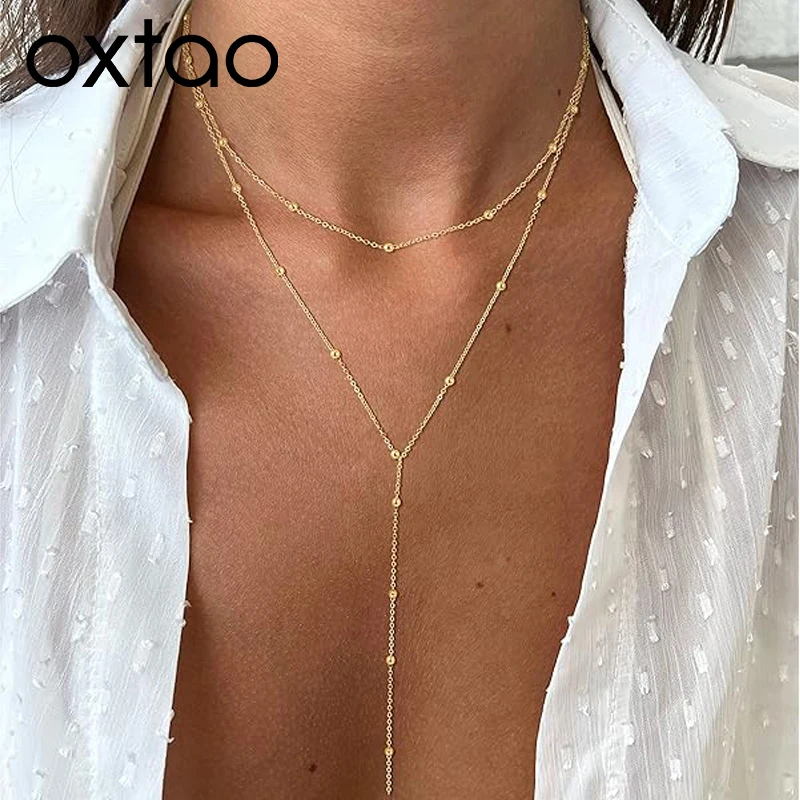 oxtao-y-字型ペンダントネックレス二層ロングタッセル鎖骨チェーンネックレス女性用ファインパーティージュエリー-14k-ゴールドフィルド