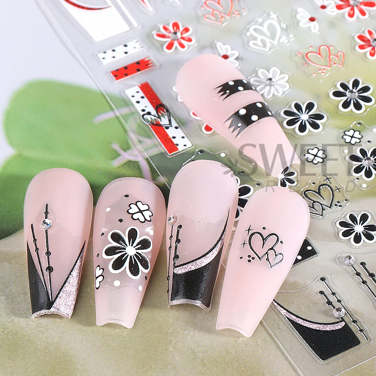 1/3pcs French Simple Painting Flower Nail Art Sticker With Rhinestone Glitter Oblique French Line Geometry Decals Manicure Foils