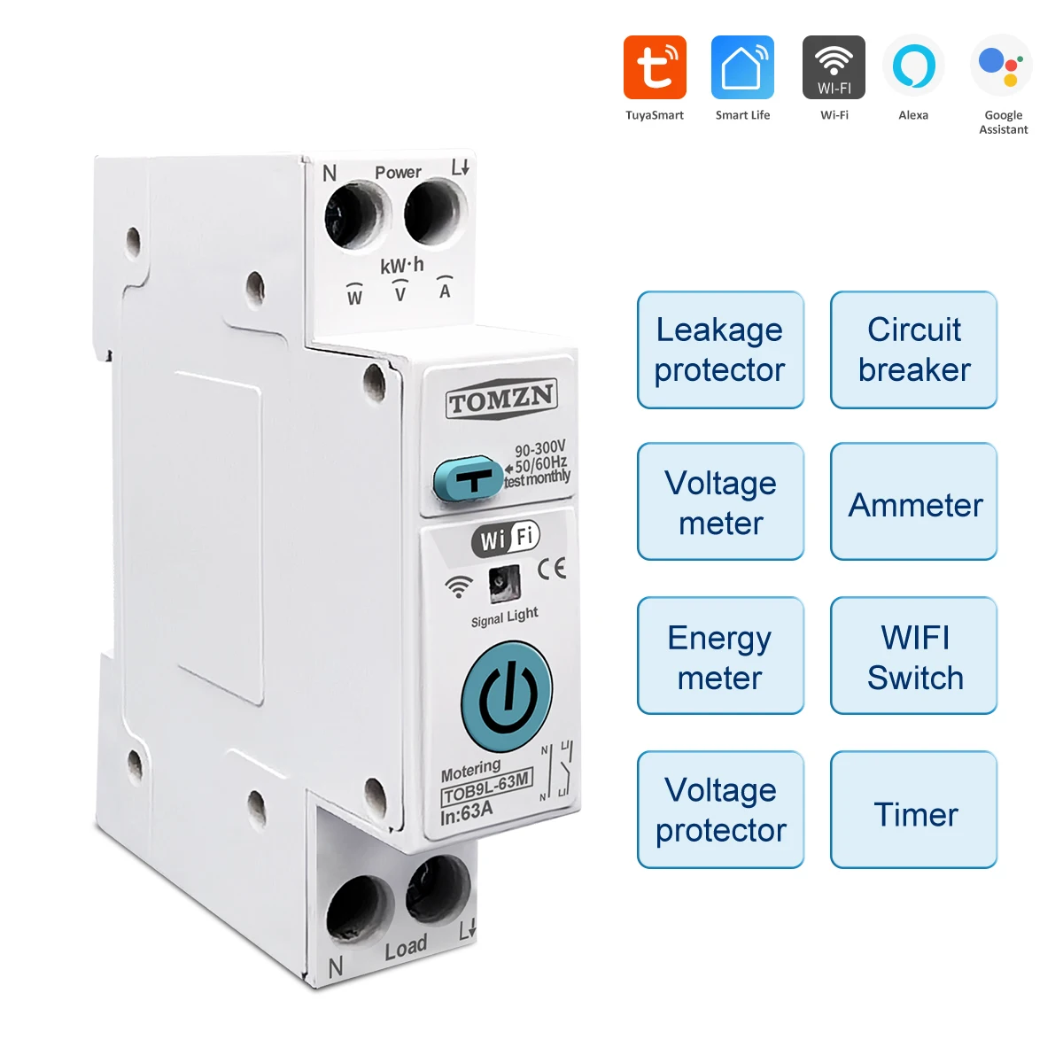 TUYA 1P + N 63A TOMZN WIFI Smart Switch Contatore di energia Misurazione Interruttore di tensione corrente Protezione dalle perdite Relè MCB TIMER