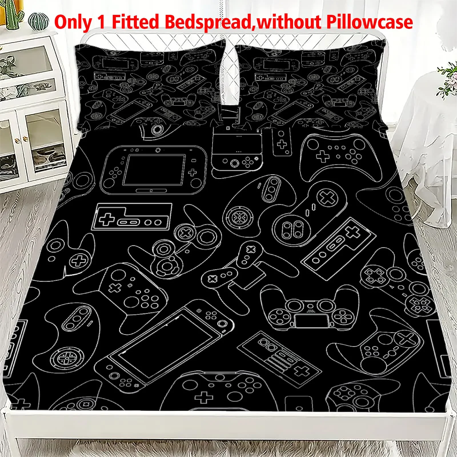 1pc White Video Game Controllers Print Fitted Sheet Deep Pocket Elastic Mattress Cover Single Double Queen King Bedroom Decor