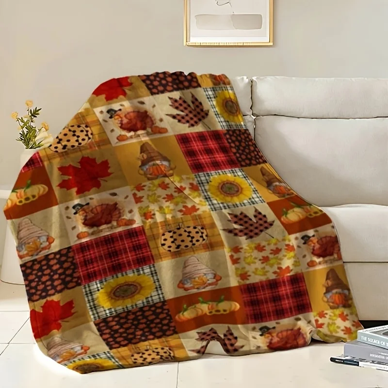 1pc Digital Printing Vintage Check Patterned Patchwork Autumn Pumpkin and Maple Leaf Flannel Blanket. Soft, Comfortable and Warm