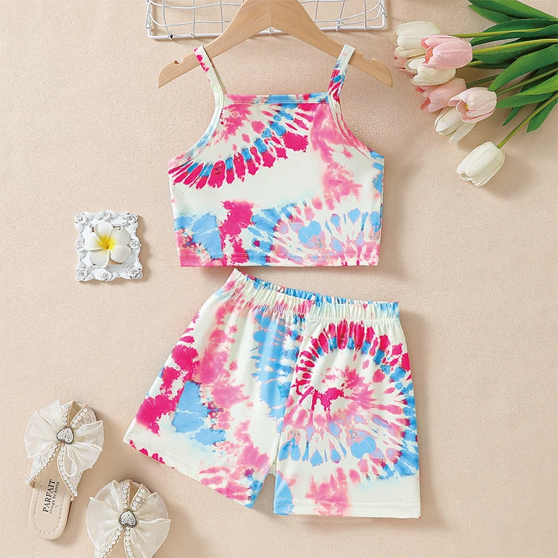 Tie Dye Polyester Girls Casual Fashion Suspender Suit Suitable for Festival/Summer