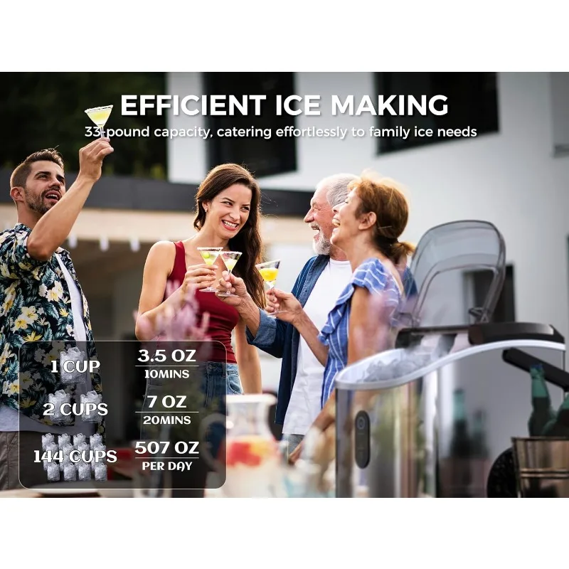 ecozy Nugget Ice Maker Countertop - Chewable Pellet Ice Cubes, 33 lbs Daily Output, Stainless Steel Housing