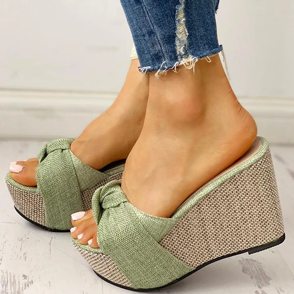 Bow Tied Slip on Leisure Platform Summer Sandals 2023 Wedges High Heels Women Shoes Woman Mules Flip Flops Plus Size 43