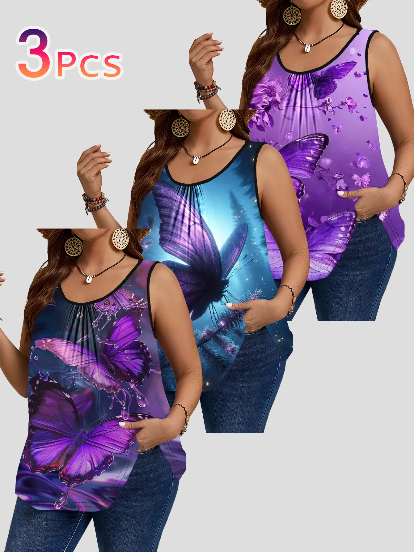 3-Piece Set of Large Size Fantasy Purple Butterfly Print Sleeveless Vests for Women, Forest-Themed Glow-In-The-Dark Butterfly Loose Round-Neck Tops That Cover the Body and Can Be Worn Outside