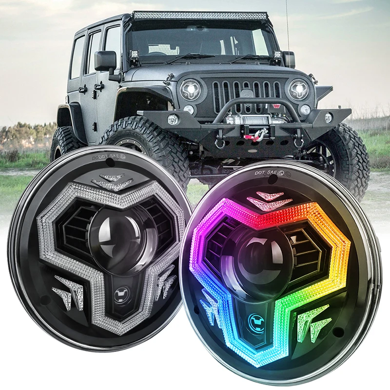OV 7 Inch RGB LED Headlights H6024 Headlight with DRL Turn Signal High Low Beam for Jp Wrangler JK JKU TJ LJ CJ