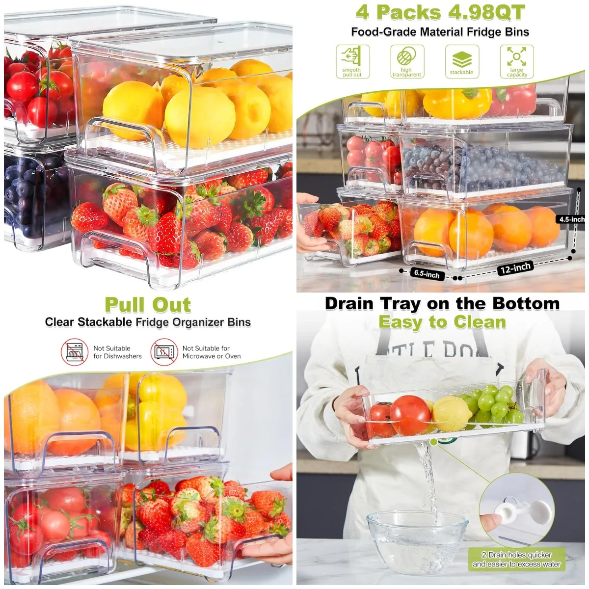 

Набор из 4 прозрачных штабелируемых ящиков для холодильника с сетчатым слоем для фруктов, овощей, напитков и закусок